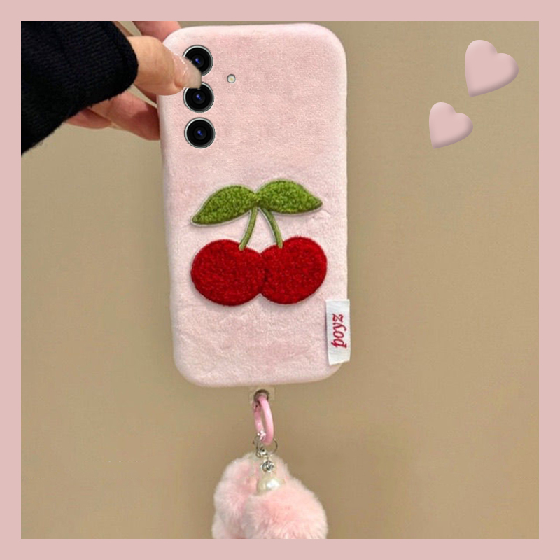 ins风刺绣樱桃水果适用三星s25edge手机壳s24plus挂链s23+十s22粉色s21fe秋冬s20ultra毛绒s10软s9/s8/note20