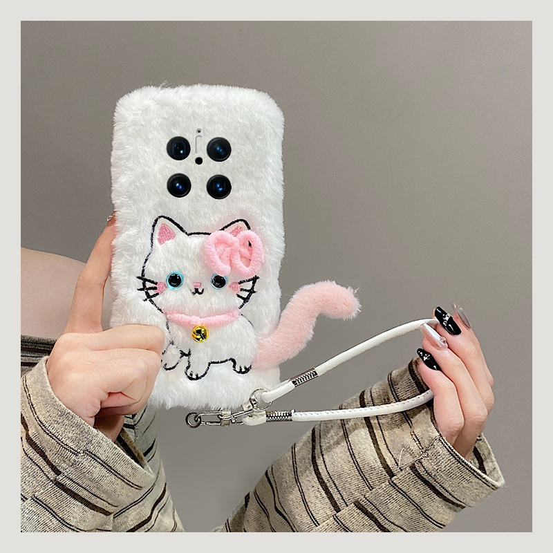 可爱铃铛猫咪适用华为mate70pro+手机壳meta60斜挎mata50e可背带rs保时捷设计mete40e十m30秋冬20x毛绒10卡通