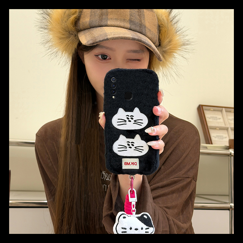 刺绣可爱猫咪适用vivoy9s手机壳y7s挂件y5s挂绳y3秋冬季u3x卡通z6毛绒z5x毛茸茸z3i硅胶z1i新款y9s小猫vivo软