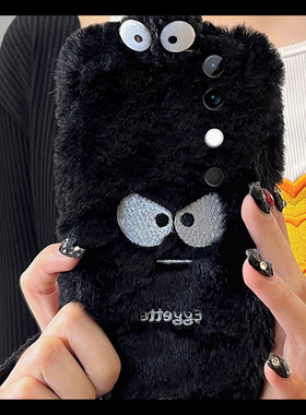 黑色煤球适用vivos19手机壳19pro刺绣s18卡通18e毛毛17pro立体16可爱s15毛绒绒12硅胶iqooneo9秋冬季vivo冬天