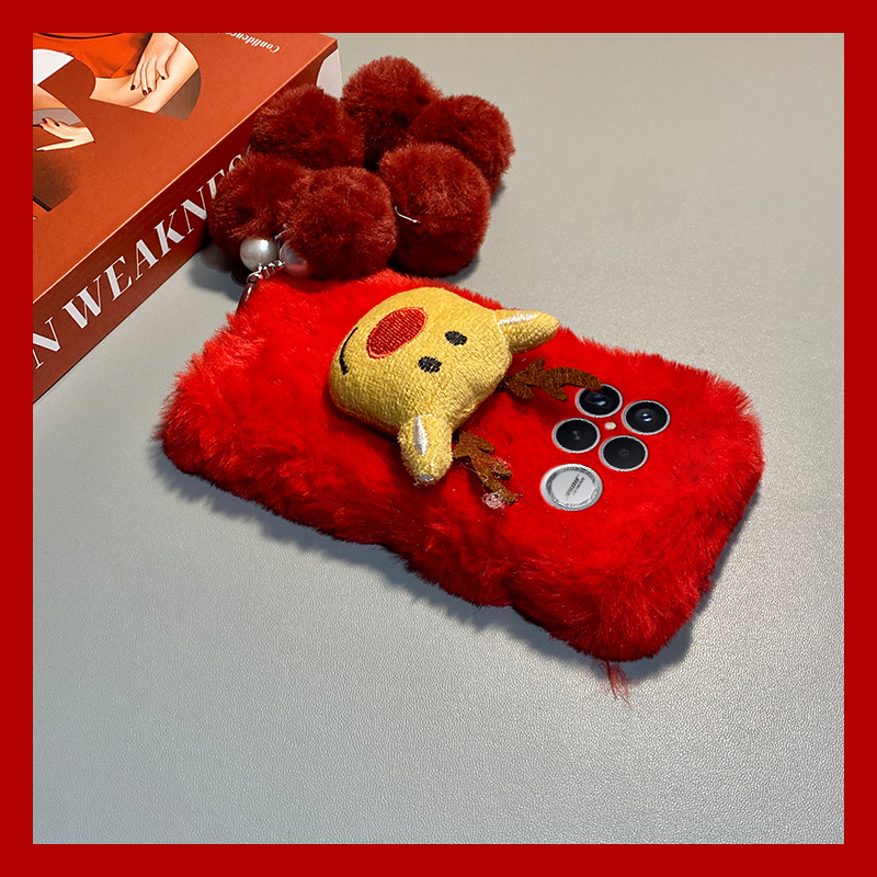 红色圣诞麋鹿适用小米红米k90promax手机壳k80秋冬季k70pro毛绒k60e至尊版k50毛球turbo4卡通3/k40s/k30i/12x