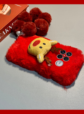 红色圣诞麋鹿适用小米红米k90promax手机壳k80秋冬季k70pro毛绒k60e至尊版k50毛球turbo4卡通3/k40s/k30i/12x