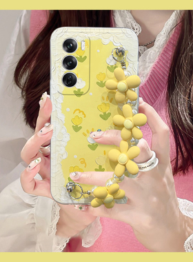 黄色碎花适用opporeno12手机壳12pro日韩reno11十10立体10pro+手腕带9夏日8小清新7se液态6硅胶5软壳oppo夏天