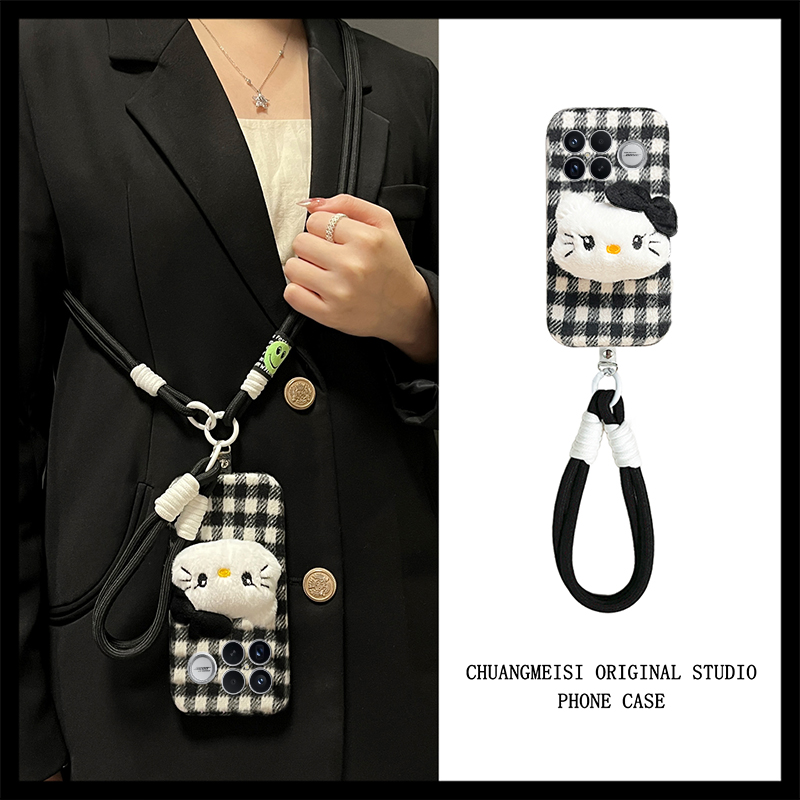 黑白棋盘格kt猫适用小米红米k90promax手机壳k80斜挎k70pro秋冬季k60e至尊版k50毛绒turbo4软3/k40s/k30i/12x