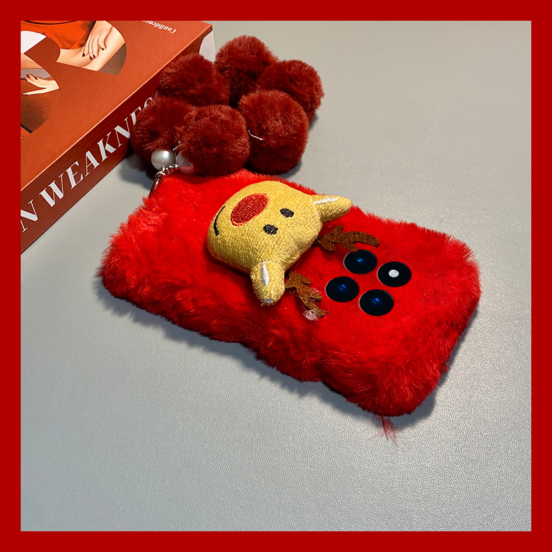 红色圣诞麋鹿适用小米红米note15pro+手机壳noto14毛球13挂链12turbo+毛绒11t秋冬季10毛茸茸9卡通8/7por毛绒