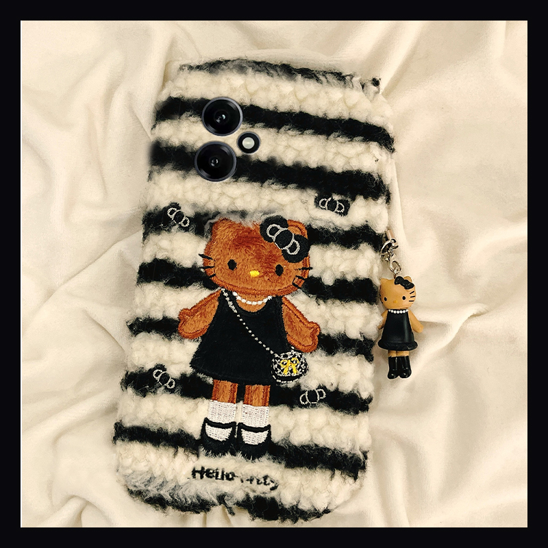 条纹刺绣kt猫适用华为荣耀400pro手机壳300ultra可爱200lite吊坠100秋冬季90毛绒80se卡通x70i硅胶60i+十50se