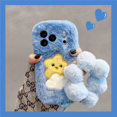 刺绣云朵星星适用苹果17promax手机壳华为pura80荣耀400pro小米15毛球vivos30挂链opporeno14秋冬季x300毛绒p