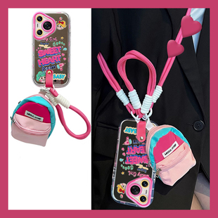 潮牌涂鸦适用苹果15手机壳iphone14镜子13镜面12斜挎11promax可背带8plus零钱包xr卡通xsmax硅胶7p软壳斜跨女