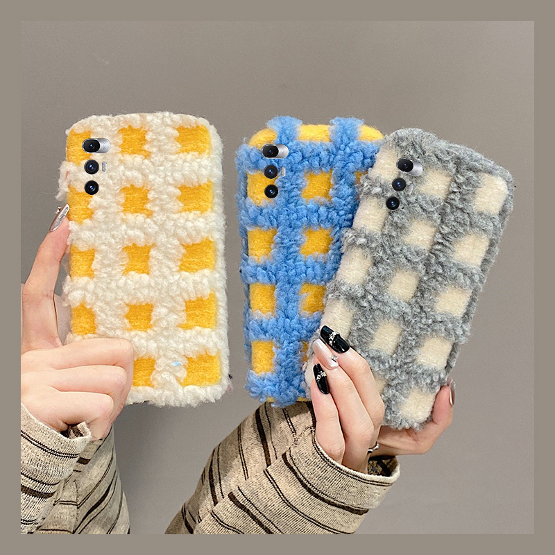 棋盘格泰迪绒适用小米mixfold4手机壳mixfold3拼色mixfold2折叠屏mixflip撞色mi秋冬季韩系毛绒毛茸茸冬天硬