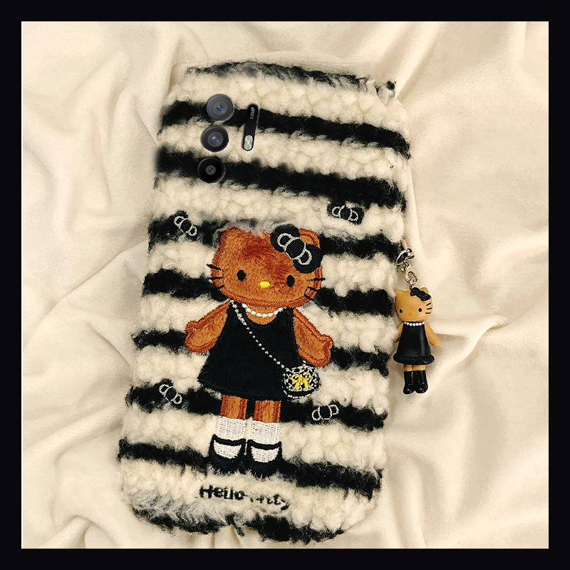 条纹刺绣kt猫适用oppoa3pro手机壳a2x可爱a1吊坠a97秋冬季a96毛绒a95a93a91a72a58a57a52a32a11a9a31a8a5卡通