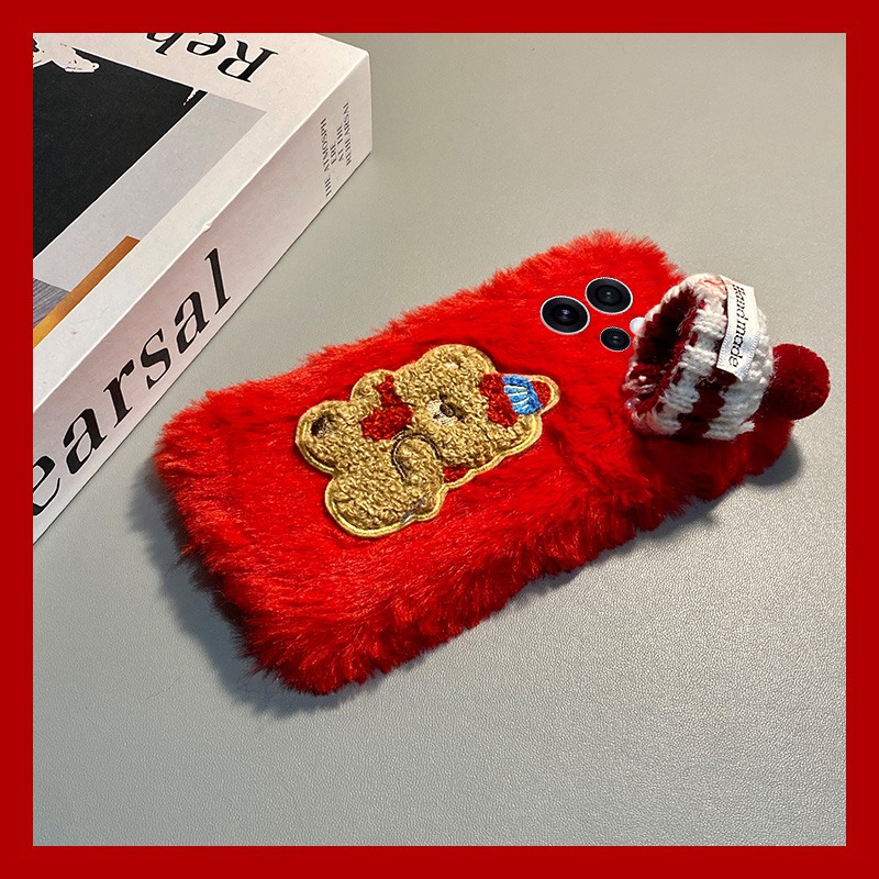 手机壳秋冬毛绒红色卡通圣诞帽子