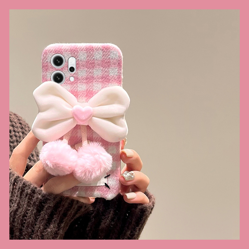 ins风粉色格子适用opporeno14手机壳reon13爱心12pro蝴蝶结11吊坠10por+十9毛绒7se毛茸茸5k秋冬4se立体oppo