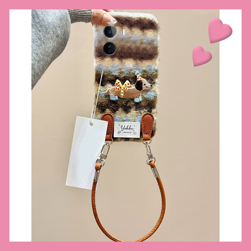 条纹刺绣腊肠狗适用vivoiqooneo11手机壳iqooneo10蓝棕iqneo9spro挂绳8se毛绒7por竞速版5s活力版6秋冬季855