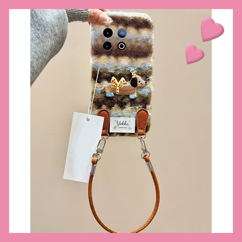 条纹刺绣腊肠狗适用vivoiqooz10x手机壳iqooz9turbo蓝棕z8x挂绳z7i秋冬z6x毛绒z5卡通u5x爱酷u3x软iq00/vivo