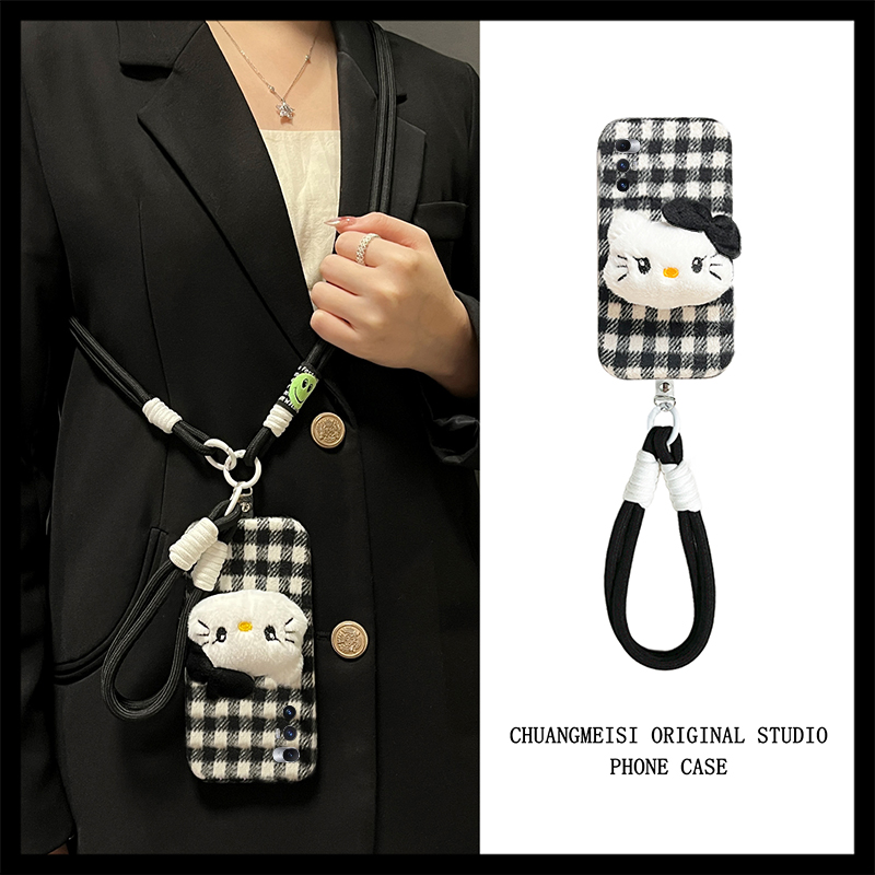 黑白棋盘格kt猫适用小米mixfold4手机壳mixfold3斜挎mixfold2折叠屏mixflip可背mi秋冬季毛绒毛茸茸绒布卡通