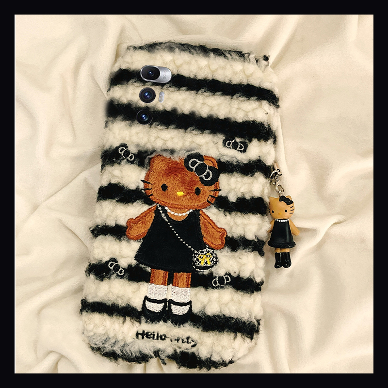 条纹刺绣kt猫适用小米mixfold4手机壳mixfold3可爱mixfold2折叠屏mixflip吊坠mi秋冬季毛绒毛茸茸卡通拼色硬