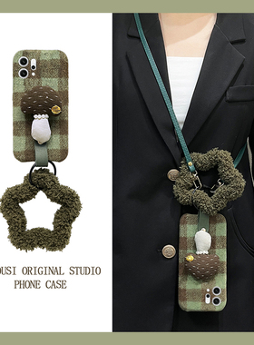 ins风格子蘑菇适用opporeno14手机壳reon13斜挎12pro手环11秋冬季10por+十9毛绒7se毛茸茸5k可背4se卡通oppo