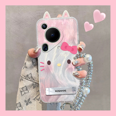 粉色猫咪适用华为pura70手机壳70pro+畅享70ultra卡通70art畅玩60pro立体mate50耳朵50e十40e支架30硅胶挂链p