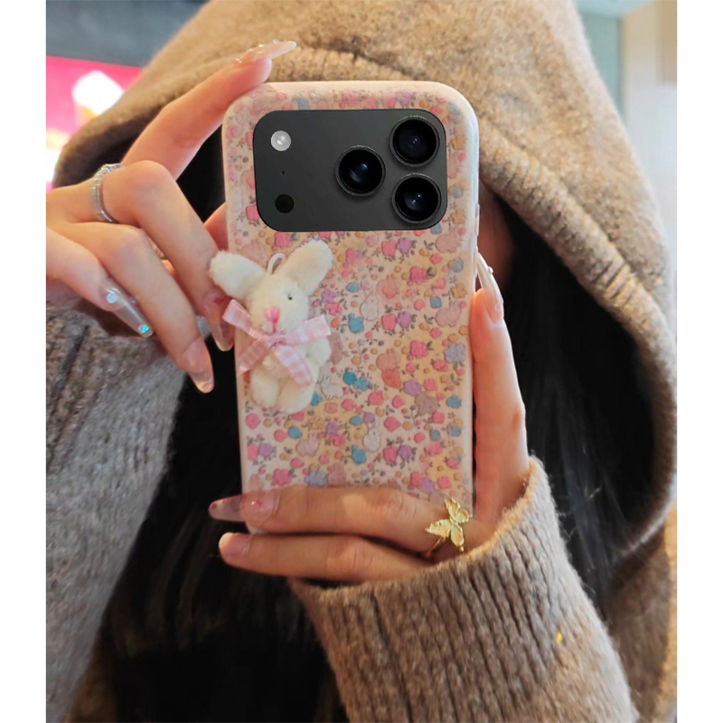 毛绒花朵兔子适用苹果17promax手机壳华为pura80荣耀500pro小米17立体vivos30秋冬季opporeno15皮纹x300仿皮p