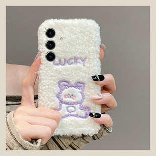 英文线条兔子适用三星s25edge手机壳s24plus可爱s23 s20ultra毛绒s10 note20保暖 十s22卡通s21fe秋冬季