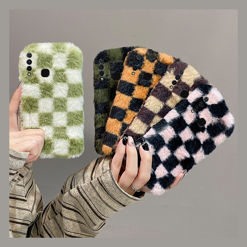 ins风棋盘格格子适用vivoy9s手机壳y7s拼色y5s撞色y3秋冬季u3x冬天z6保暖z5x毛绒绒z3i新款z1i毛茸茸y9s/vivo