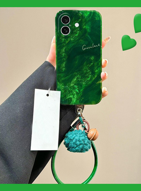 绿色晕染适用苹果16pro手机壳iphone15挂绳14高级感13日韩12锡纸纹11promax小众8plus手提xr新款xsmax硅胶7p