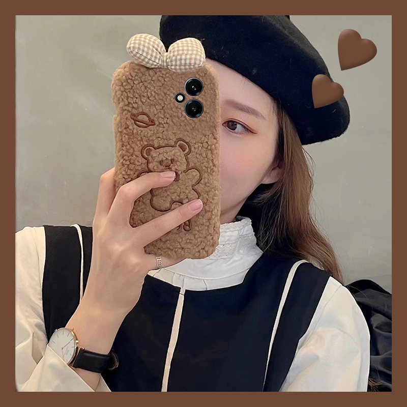 趣味刺绣小熊适用华为荣耀400手机壳300pro+立体200lite蝴蝶结100por秋冬季90gt毛绒80绒布70卡通60se十v40i+