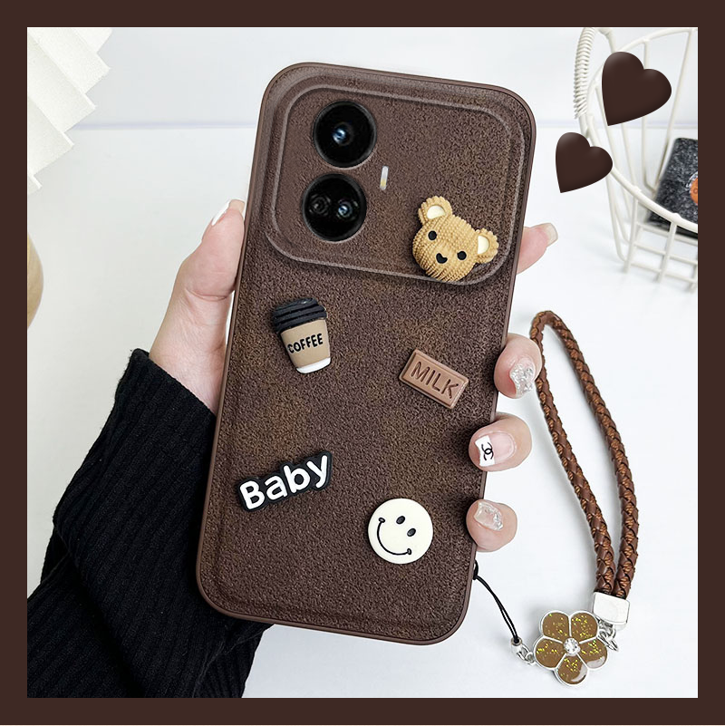 立体小熊适用oppo真我gtneo6手机壳gt5pro高级感gtnoe5se月坑纹realme五por日韩小众皮纹带挂绳简约创意个性