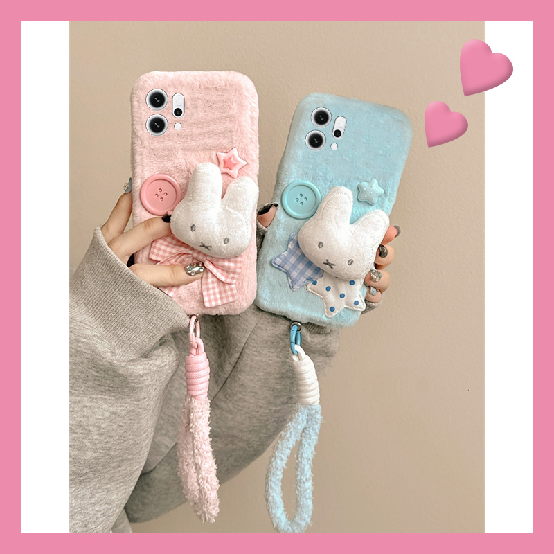 纽扣星星米菲兔适用opporeno14手机壳reon13兔子12pro挂绳11秋冬季10por+十9毛绒7se毛茸茸5k卡通4se硅胶oppo