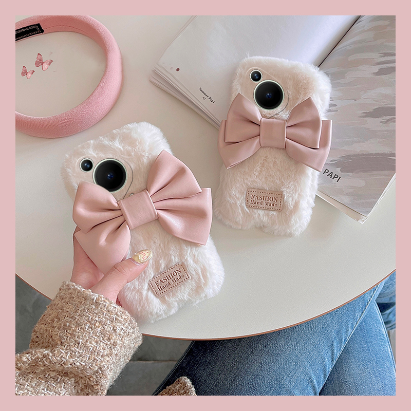 粉色蝴蝶结适用华为pura70手机壳70pro+畅享70ultra立体日韩70art畅玩60pro毛绒绒mate50硅胶50e十40e30秋冬p