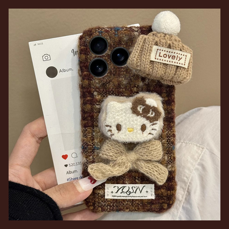 针织帽蝴蝶结kt猫适用苹果17promax手机壳华为pura80荣耀400pro小米15卡通vivos30毛茸茸opporeno14秋冬x200