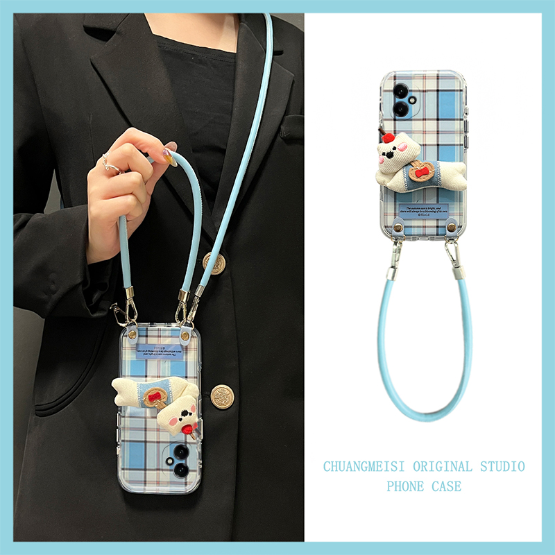 蓝色格子小狗适用华为荣耀400pro手机壳300ultra斜挎200lite可背带100秋冬季90毛绒80se卡通x70i软60i+十50se