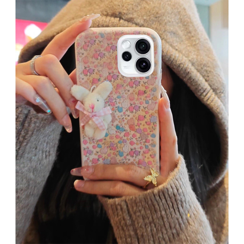毛绒花朵兔子适用opporeno15pro手机壳reon14呆萌13秋冬季12卡通11立体10可爱9por新款7se仿皮6皮纹5k/0ppo软