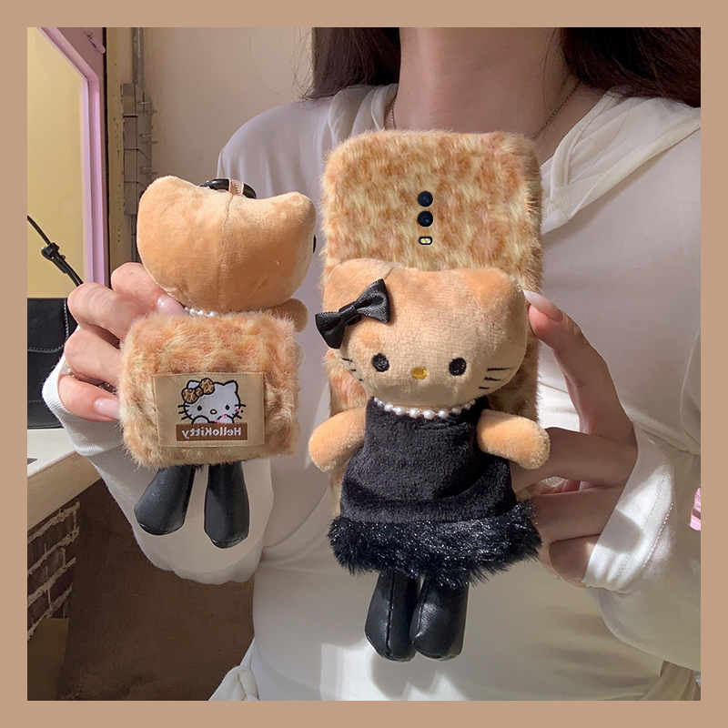 黑裙子凯蒂猫适用oppor17pro手机壳r15x梦境版r11splus豹纹r9s立体r7plus秋冬季r17毛绒oppo毛茸茸0pp0卡通软