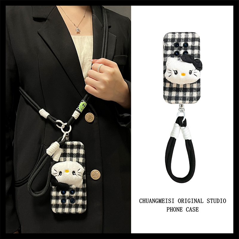 黑白棋盘格kt猫适用华为mate70pro+手机壳meta60斜挎mata50e毛绒rs保时捷设计mete40e十m30秋冬20x可背10卡通