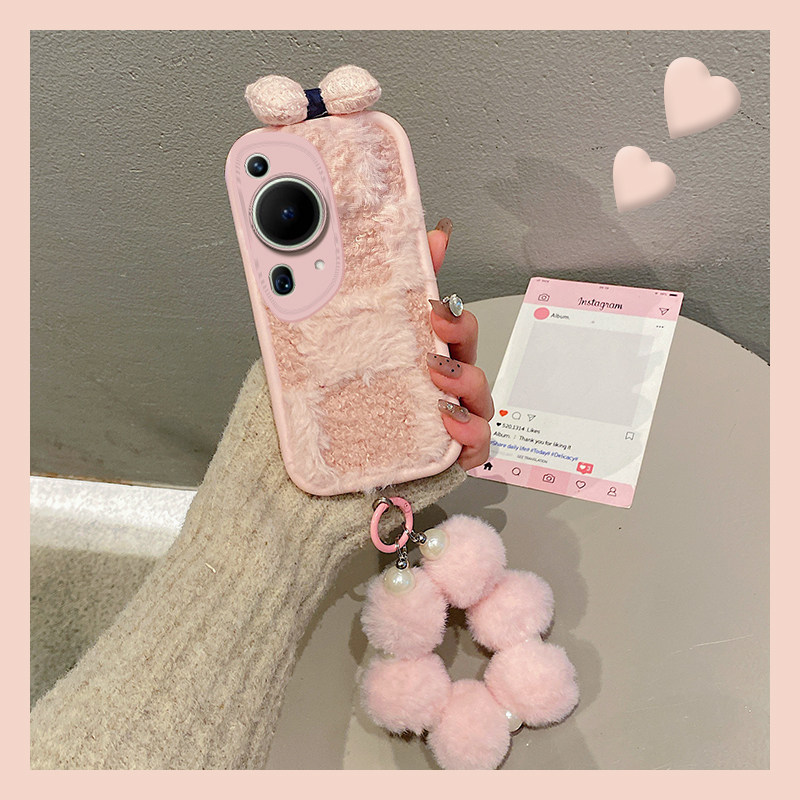 立体蝴蝶结适用华为pura70pro手机壳p60art少女心p50e毛球p40por挂链p30日韩huawei毛绒绒粉色秋冬季硅胶手提