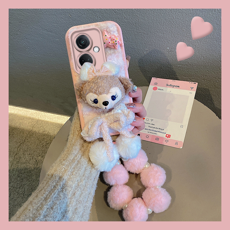 粉色达菲熊适用oppok11手机壳k10pro可爱r17毛球r15挂链por日韩0ppo毛绒绒opop趣味秋冬季硅胶小众手提少女心