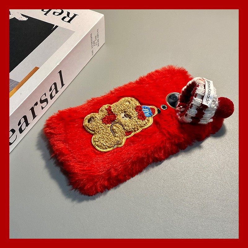 手机壳秋冬毛绒红色卡通圣诞帽子