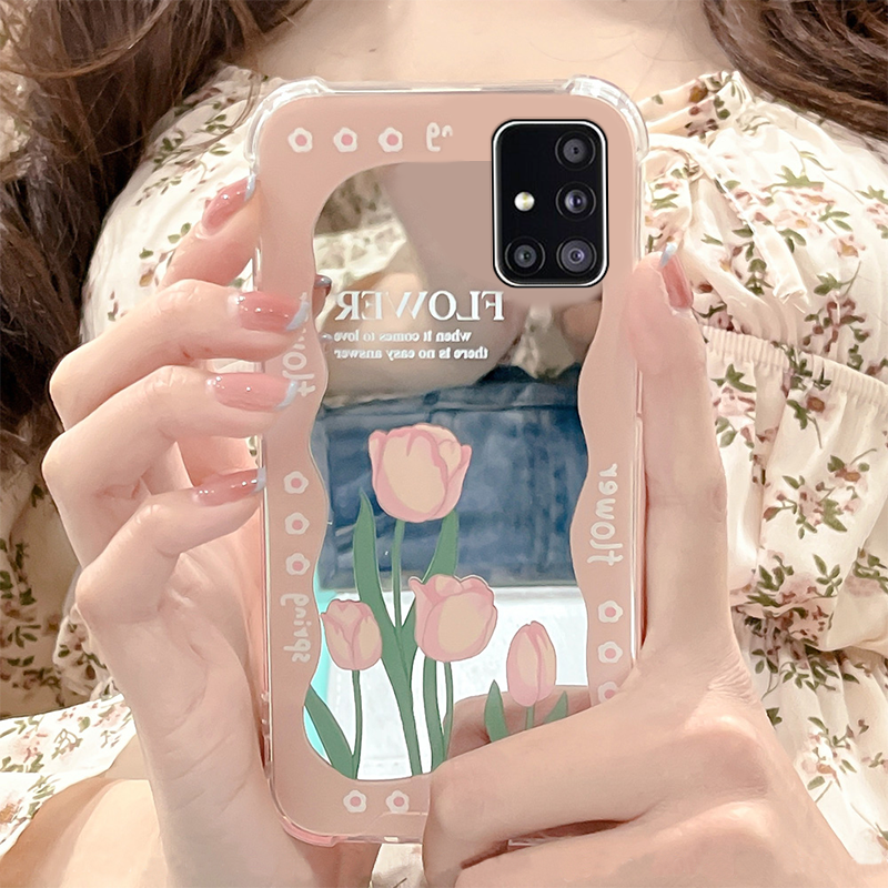郁金香镜子适用三星a52手机壳a53花朵a22少女心a71镜面a51女a8s带补妆镜5g版化妆镜花花补妆个性创意硅胶软壳
