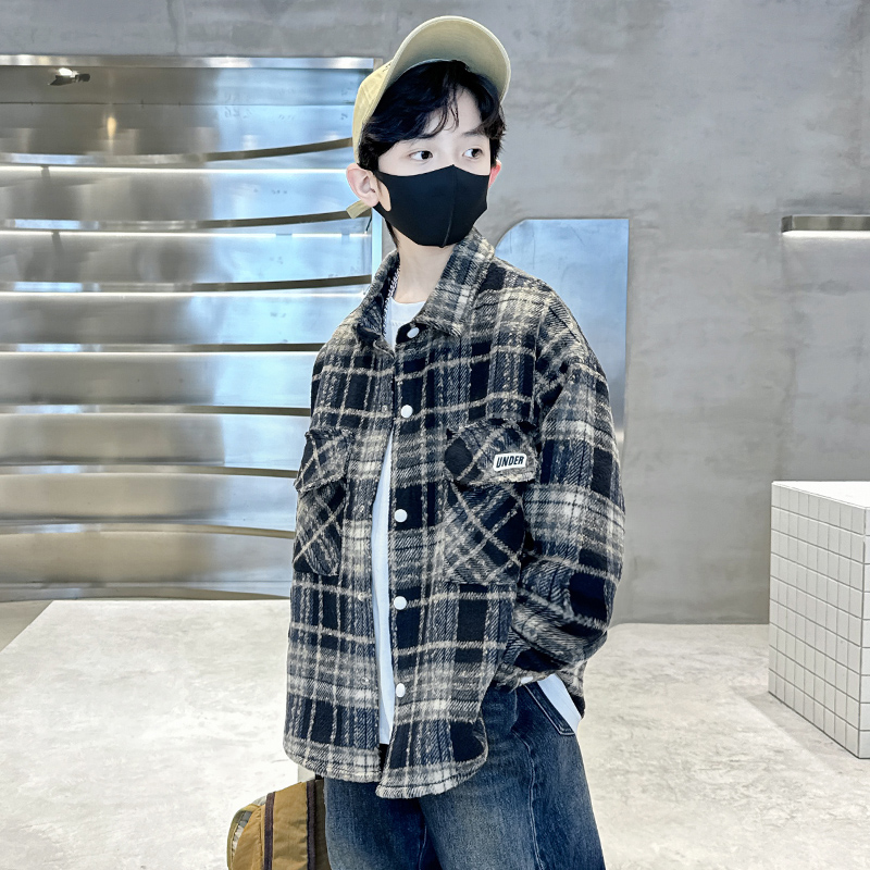 儿童牛仔衬衣男童长袖上衣炸街格子衫时髦格纹中大童日系服装秋装