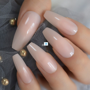 Nude Extra Long Fake Nails Coffin Full Cover Glossy False Na