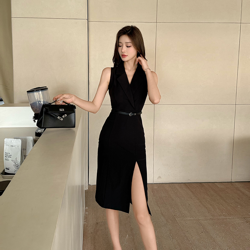 现货实拍 职场海妖风V领中长款西装连衣裙女夏季智感开叉裙子