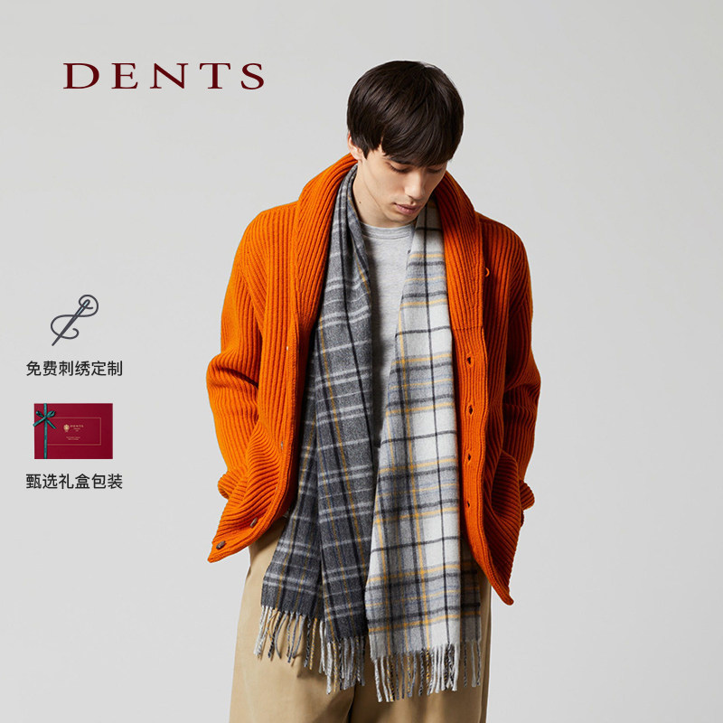 DENTS格纹羊毛羊绒宽版围巾披肩