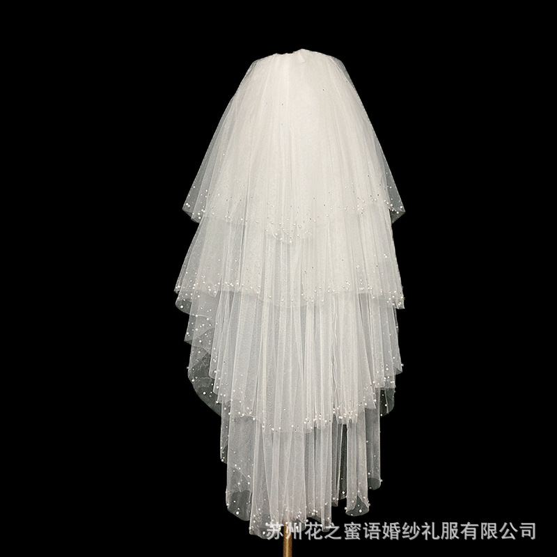 头纱新娘主婚纱新款多层蓬蓬纱珍珠钻结款结婚旅拍道具女