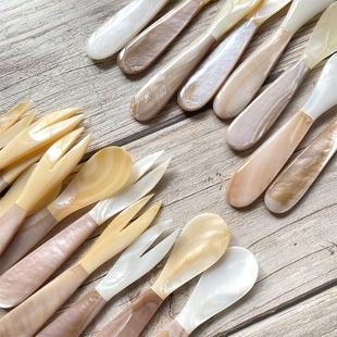 ins风粉色贝壳柄珍珠贝叉勺甜品点心调羹珍珠蚌壳粉贝餐厅餐具