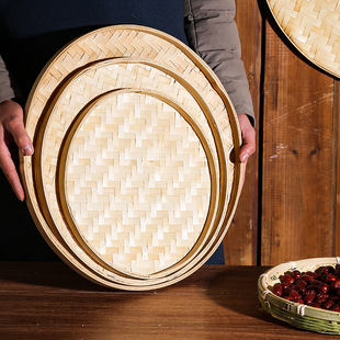 手工竹簸箕竹编制品篮农家托盘竹筛子圆家用装饰绘画竹编盘幼儿a^