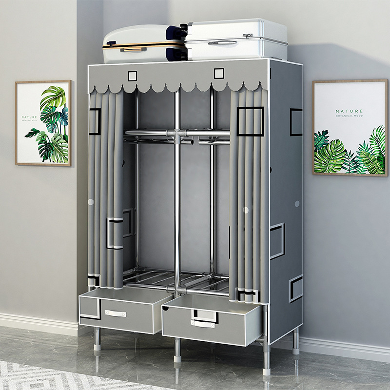 简易衣柜带抽屉布衣柜钢管加粗加固出租房家用卧室结实耐用挂衣橱