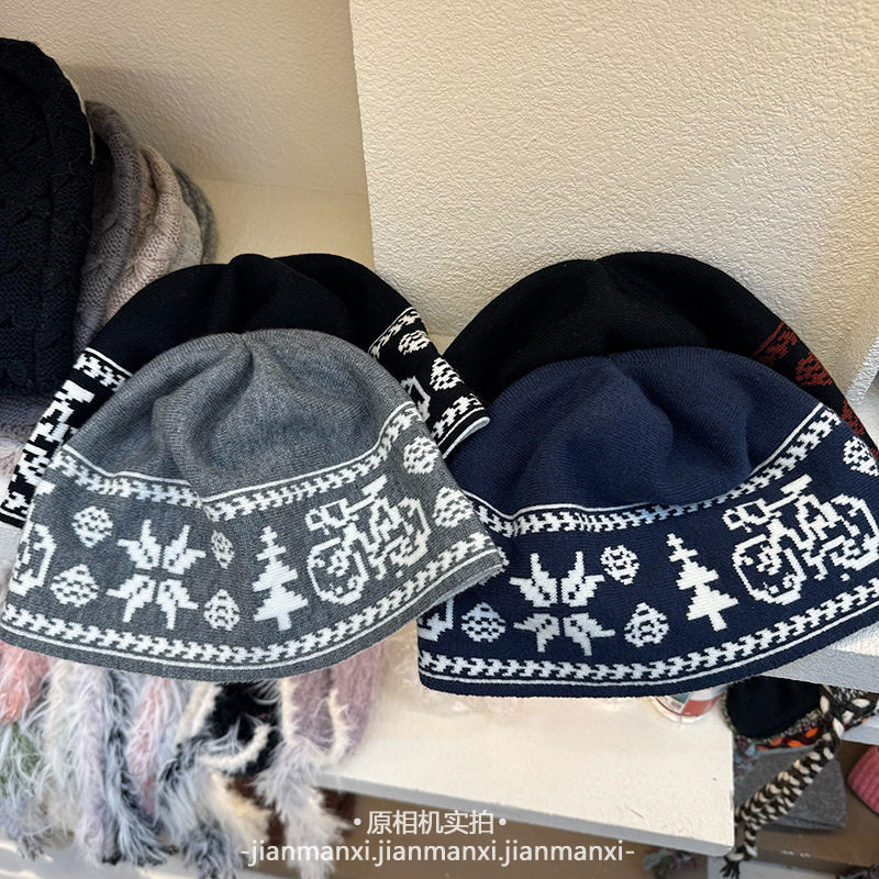 韩国费尔岛自行车提花撞色针织毛线秋冬保暖拼接大头围冷帽毛线帽