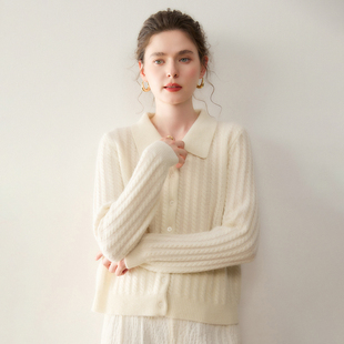 新款式翻领绞花山羊绒开衫女厚款宽松百搭简约休闲针织打底衫毛衣