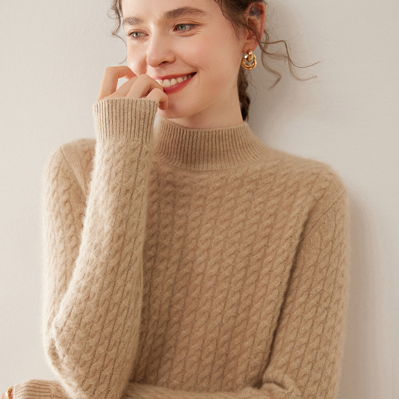 25秋冬新款半高领加厚羊绒衫女小扭花亲肤保暖宽松针织衫毛衣打底